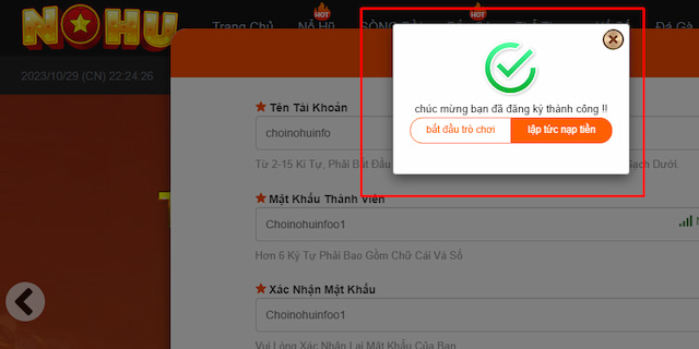 Màn hình đăng ký nhà cái Nohu thành công