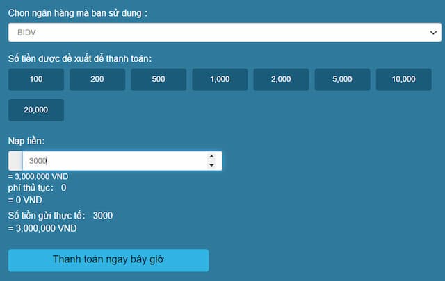 Điền số tiền cần nạp và chuyển