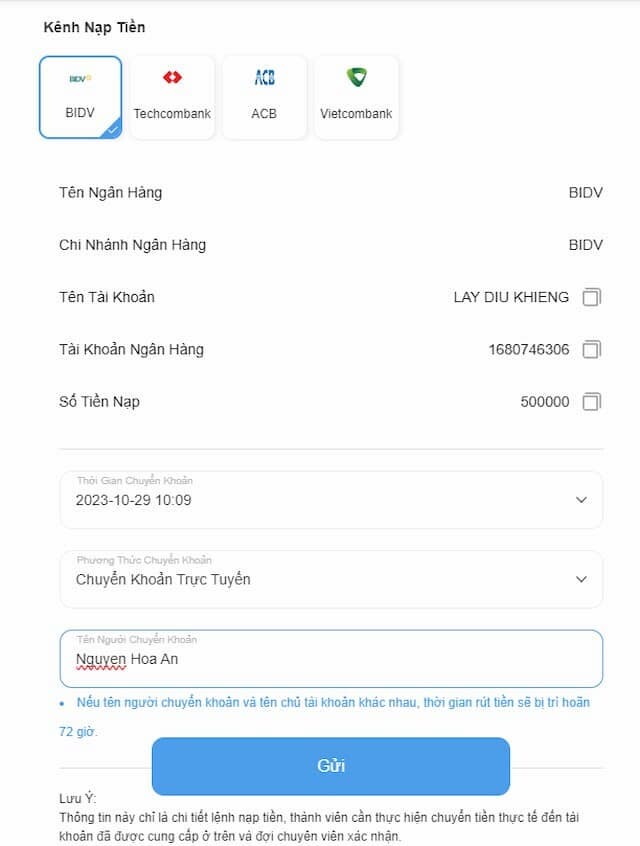 Điền thông tin nạp tiền