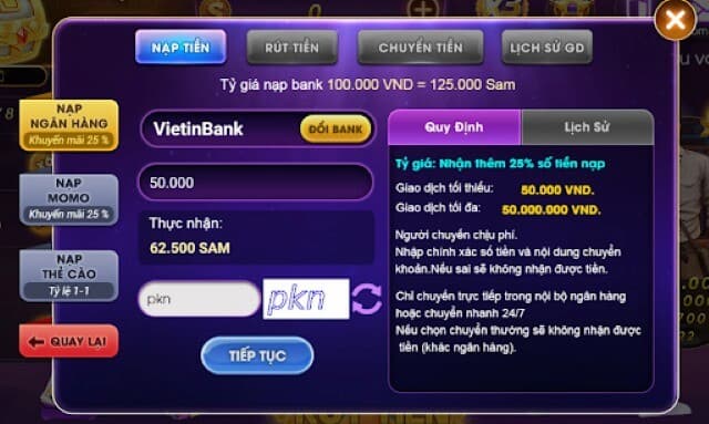 Nạp tiền tại Sam86 Biz