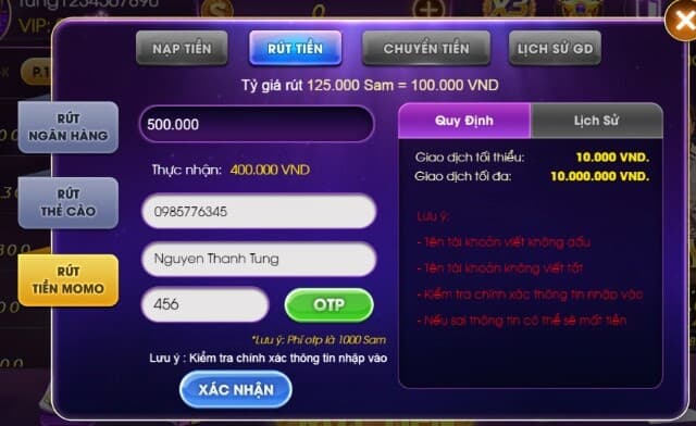 Rút tiền tại Sam86 Biz